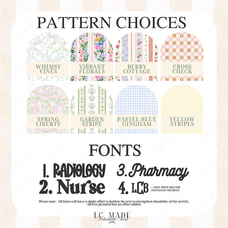 May include: Image showcasing pattern and font options. Pattern choices include floral, gingham, and striped designs. Font options are Radiology, Nurse, Pharmacy, and LCB. Text reads "PATTERN CHOICES" and "FONTS".