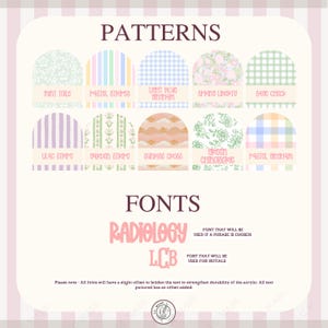 May include: A design sheet showcasing various patterns and fonts. The patterns include floral, striped, and gingham designs in pastel colors. The fonts are labeled "RADIOLOGY" and "LCB". Text states that all fonts have an offset to strengthen durability.