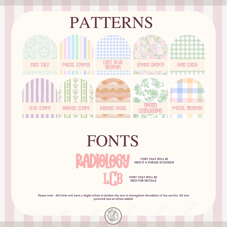 May include: A design sheet showcasing various patterns and fonts. The patterns include floral, striped, and gingham designs in pastel colors. The fonts are labeled "RADIOLOGY" and "LCB". Text states that all fonts have an offset to strengthen durability.