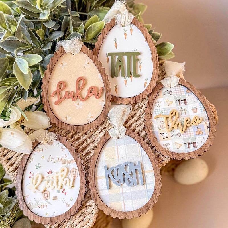 Osterkorb Namensanhänger, Personalisierte OsterkorbAnhänger, Hasen Osteranhänger, Personalisierter Osterkorb für Kinder, Erstes Ostern, Osterkorb Schleife