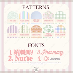 Może przedstawiać: Grafika z wzorami i czcionkami, w tym "Mint Toile" i "Radiology". Obraz wyświetla słowa "PATTERNS" i "FONTS". Wzory obejmują "Pastel Stripes". Tekst brzmi: "Uwaga - Wszystkie czcionki będą miały lekkie przesunięcie".
