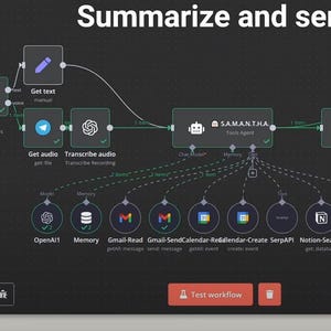 Può includere: Uno screenshot di uno schermo di computer che mostra un diagramma di flusso per riassumere e inviare e-mail. Il diagramma di flusso include vari nodi, come "Ottieni testo", "Ottieni audio", "Trascrivi audio", "Samantha", "Nota di Sam", "Genera nota vocale" e "Nota vocale". Il diagramma di flusso include anche diverse icone che rappresentano diverse app, come OpenAI, Memoria, Leggi Gmail, Invia Gmail, Calendario, Excalidraw, Ricerca Notion, Calcolatrice e Opera.