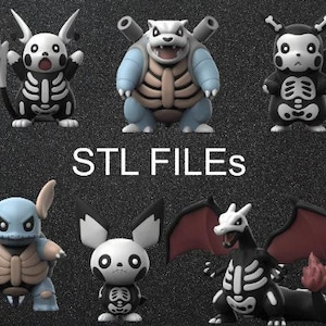 May include: A collection of 3D-printed figurines in a skeleton theme. The figurines include a Pikachu with a spear, a Blastoise, and a Charizard. The text "STL FILES" is displayed in white.
