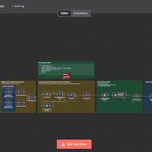 Könnte beinhalten: Ein Screenshot eines Workflow-Diagramms mit mehreren farbigen rechteckigen Blöcken und Verbindungslinien. Das Diagramm enthält Textfelder mit Titeln wie "Instagram-Inhalte aus Top-Trends generieren" und "Test-Workflow" in einer roten Schaltfläche.