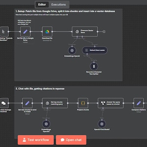 Peut inclure: Une capture d'écran d'un écran d'ordinateur montrant un diagramme de flux de travail pour un chatbot. Le flux de travail est divisé en deux sections : "Configuration : Extraire un fichier de Google Drive, le diviser en morceaux et l'insérer dans une base de données vectorielle" et "Chat avec le fichier, obtenir des citations en réponse". Le diagramme montre les étapes impliquées dans chaque section, y compris le téléchargement d'un fichier, sa division en morceaux et l'utilisation d'un chatbot pour répondre aux questions basées sur le fichier.