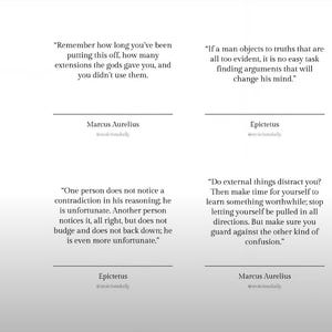 Puede incluir: Una captura de pantalla de una página de Instagram con fondo blanco y texto negro. La página presenta citas de Marco Aurelio y Epicteto. Las citas tratan sobre vivir una buena vida, concentrarse en el momento presente y no dejar que las cosas externas te distraigan.