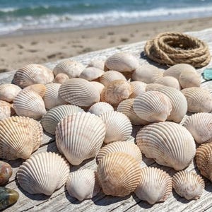 May include: A collection of various off-white and tan ridged seashells scattered alongside smooth multicolored pebbles, two pieces of light blue sea glass, and a coiled length of natural jute rope resting on a weathered piece of driftwood.