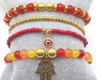 Braccialetti con mano di Hamsa e occhio maligno, gioielli con perline rosso-oro Boho, braccialetti di protezione