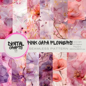 Rosa pastel de ensueño y flor japonesa dorada Patrón sin costuras Textura de tinta con alcohol Papel imprimible digital Descargar Impresión de tela textil