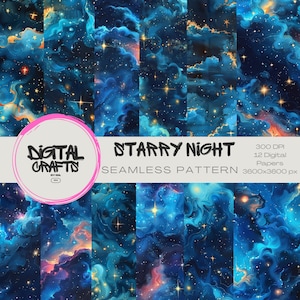 Sömlöst mönster med stjärnklar natt: Digitalt papper med himmelsk bakgrund (digital nedladdning)