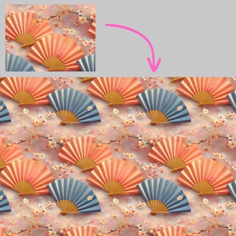 Spring Fan Paper Spring Blossom Japanese Inspired Flowers Fans Seamless Pattern Digital ...