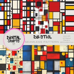 May include: A set of 12 digital papers featuring a geometric pattern in red, yellow, blue, black, and white. The papers are 3600x3600 pixels and 300 DPI. The text "De Stijl Seamless Pattern" is included in the image.