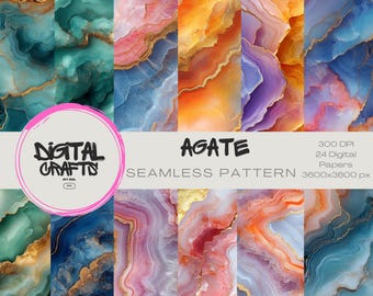 May include: A collection of agate seamless patterns in various colors, including teal, blue, orange, and purple, with gold veining. The image includes the text "Digital Crafts" and "Agate Seamless Pattern". The patterns are 3600x3600 px and 300 DPI.