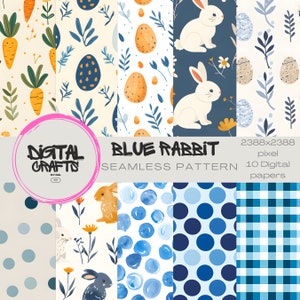Easter Bunny Seamless Pattern: Blue Rabbit Digital Paper (Instant Download)