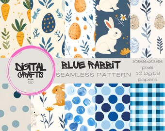 Easter Bunny Seamless Pattern: Blue Rabbit Digital Paper (Instant Download)