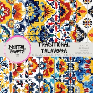 Padrão tradicional mexicano Talavera sem costura, papel digital, diário de sucata, scrapbooking, impressão, vintage, rústico, textura pintada à mão