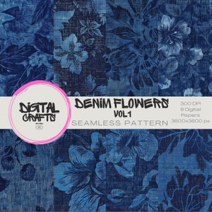Denim Flowers Seamless Pattern Digital Paper Download Scrapbook Paper Printable Digital Printable Download Textile Fabric Print