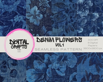 Denim Flowers Seamless Pattern: Printable Fabric Design (Digital Download)