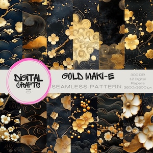 Diseño floral artístico sin costuras con patrón dorado japonés Maki-e, papel para imprimir digitalmente, descarga para álbum de recortes, impresión en tela, collage