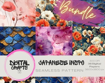 May include: A digital paper bundle featuring Japanese inspired seamless patterns. The patterns include floral designs, geometric shapes, and abstract art. The bundle includes 36 digital papers, each measuring 3600 x 3600 pixels at 300 DPI.