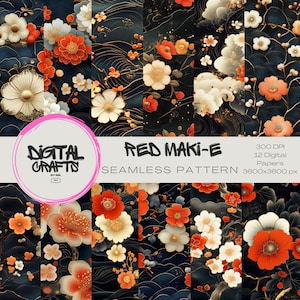 Japanische Rot Maki-e Musterdesign künstlerische Blumenmuster digital bedruckbare Papier Download Scrapbook Textil Stoff Druck Collage