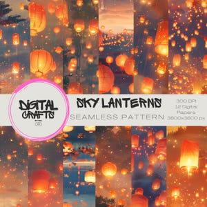 Nightfall Sky Laternen Chinesisch inspirierte Nahtlose Muster Rote Palette Digital Druckbare Papier Download Scrapbook Stoff Druck Wandkunst