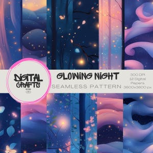 Könnte beinhalten: Ein Set mit 12 digitalen nahtlosen Mustern, die eine leuchtende Nachtwald-Szene mit Bäumen, Blumen, Glühwürmchen und Sternen zeigen. Die Muster sind 3600 x 3600 Pixel groß und haben eine Auflösung von 300 DPI. Der Text "Glowing Night Seamless Pattern" wird in der Mitte des Bildes angezeigt.
