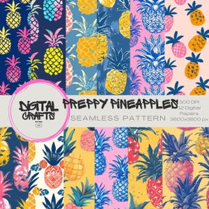 Op de afbeelding: Twaalf digitale papieren met een preppy ananaspatroon in verschillende kleuren, waaronder geel, blauw, roze en rood. De ananasontwerpen zijn gestyled en hebben een vintage uitstraling. De papieren zijn 3600x3600 pixels en 300 DPI.