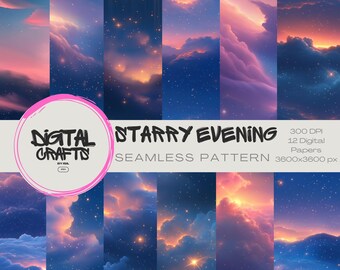Starry Evening Seamless Pattern: Celestial Sunset Design (Digital Download)