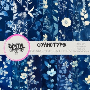 Impresión botánica digital con patrón sin costuras de cianotipo azul de Prusia, arte de pared, diario basura, papel de álbum de recortes, fotografía digital