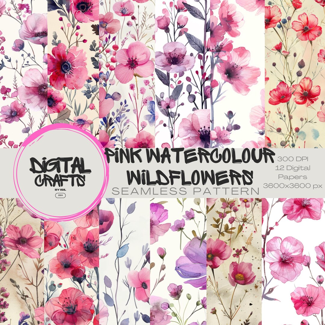 Pink Watercolor Wildflowers Seamless Pattern: Shabby Chic Paper ...