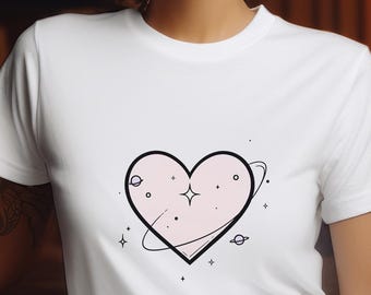Celestial Orbiting Heart Graphic T-Shirt | Cosmic Planetary Gift for Her