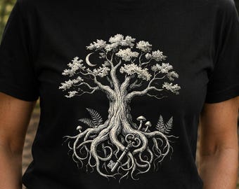 Ancient Tree T-Shirt, Botanical Engraving Style, Mystical Forest Graphic Tee