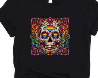 Rainbow Sugar Skull Shirt - Day of the Dead T-Shirt - Halloween Pride Tee - Colorful Skull Graphic - LGBTQ+ Celebration Top