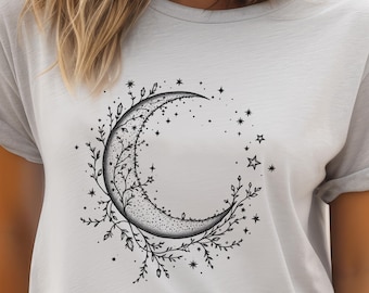 Koszulka z grafiką „Celestial Bloom Crescent Moon” | Mistyczny, wiedźmowy prezent dla niej