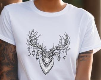 Forest Guardian Witchy Graphic T-Shirt | Celestial Enchanted Stag Shirt for Her