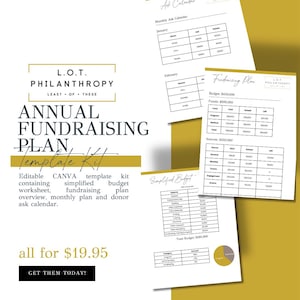May include: A digital download kit for an annual fundraising plan template. The kit includes a simplified budget worksheet, fundraising plan overview, monthly plan, and donor ask calendar. The kit is available for £19.95.