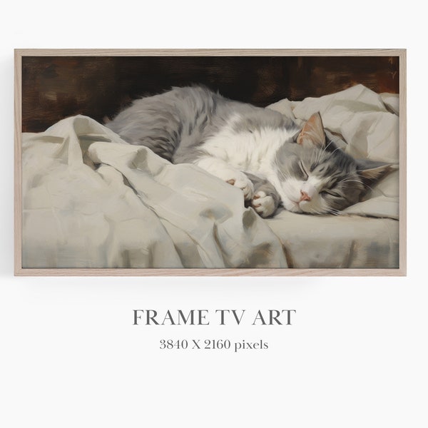 Cute Cat Painting for Frame TV, Samsung Frame TV Art, Vintage Style Sleeping Cat, Neutral Tones, Cat Lover Art for Frame TV