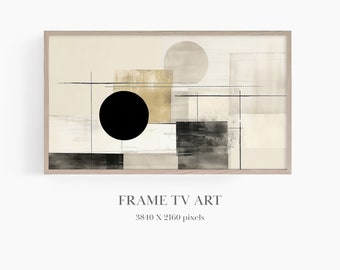 May include: Abstract geometric art print with a black circle, beige and gray squares, and a beige circle on a beige background. The print is framed in a light wood frame. "FRAME TV ART 3840 X 2160 pixels" is printed below the frame.