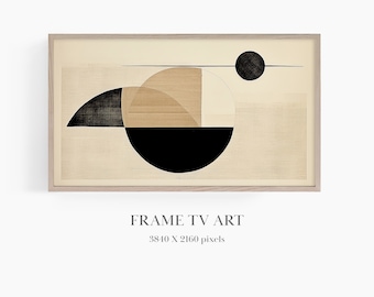 May include: Abstract geometric art print in black, white, and beige tones. The print features a circle with a black center and beige and white segments. A smaller black circle is in the upper right corner. The print is framed in a light wood frame. FRAME TV ART 3840 X 2160 pixels
