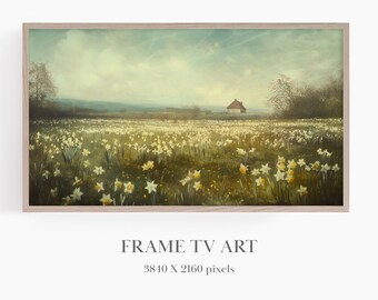 Påskliljafältkonst, Ram-TV-konst vår, Samsung Ram-TV-konst, Vårblommor för TV, Vårlandskap, Vintage lantlig konst, Dämpade färger