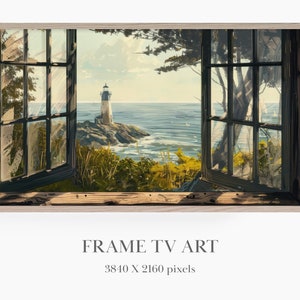 May include: A painting of a lighthouse seen through an open window. The lighthouse is white with a black roof and is located on a rocky coastline. The ocean is blue and the sky is a light blue. The window is wooden and has multiple panes. The painting is framed in a light wood frame.