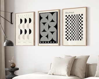 Set of 3 Bauhaus Print Mid Century Modern Wall Art, Black and White Bauhaus Poster Set, Minimalist Wall Art Print Bundle, Exhibition Poster