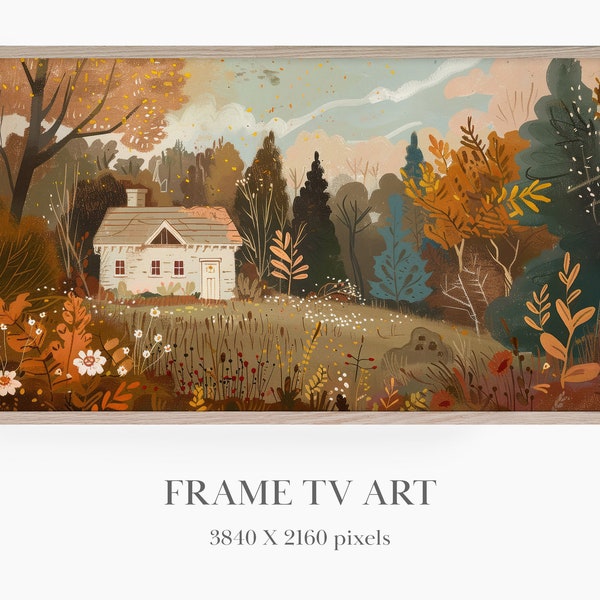 Landscape Painting of Cute Cottage in the Woods for Samsung Frame TV, Naive Painting in Warm Colours Cottagecore Decor, Farmhouse Decor