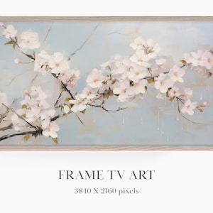 フレームテレビ用桜、フレームテレビアート春、サムスンフレームテレビアート、コテージコア装飾、淡いパステルテレビアート、淡いブルーの絵画