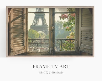 Samsung Frame TV Summer Paris Wall Art, Paris Cityscape View of Eiffel Tower Through Window, Instant Download for TV Muted Colours