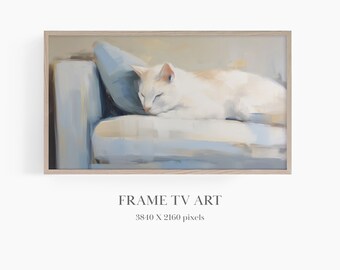 Cute Cat Painting for Frame TV, Samsung Frame TV Art, Mid Century Sleeping Cat, Neutral Tones, Cat Lover Art for Frame TV