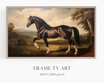 May include: A painting of a brown horse with a white blaze on its face, standing in a field with green grass and trees in the background. The horse is facing to the left and has its head turned to the right. The painting is framed in a light wood frame.