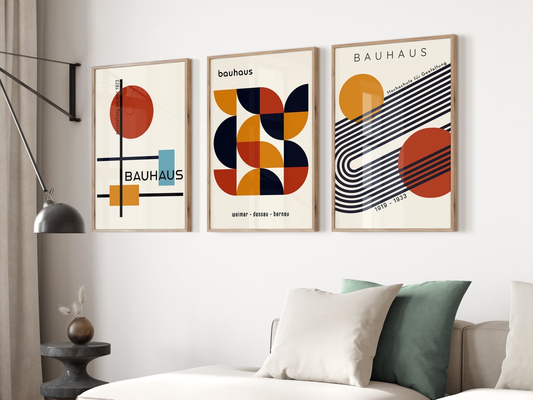 Set of 3 Modern Art Bauhaus Poster Mid Century Modern Prints, Red and ...