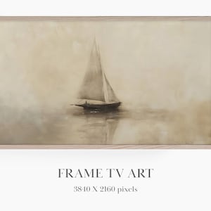 May include: A framed watercolor painting of a sailboat on a calm, misty sea. The painting is in shades of beige and brown, with a light blue sky in the background.